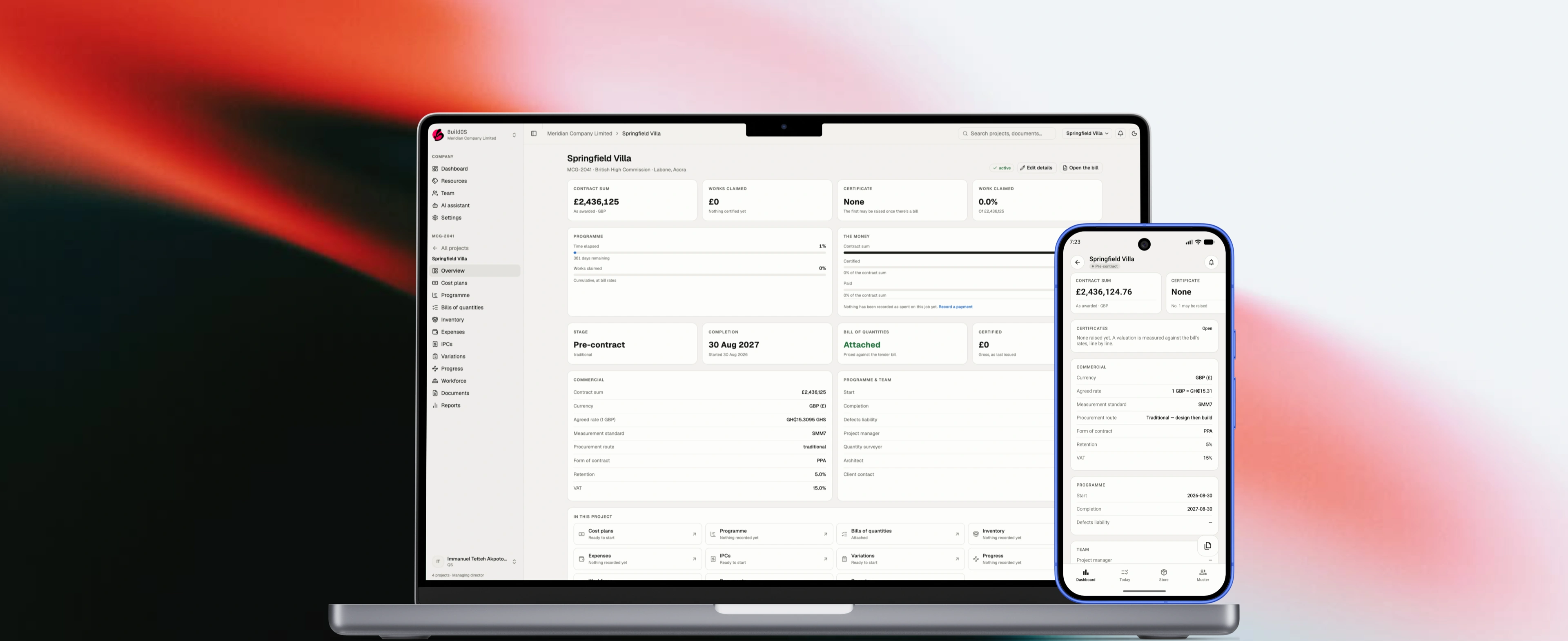The BuildOS web dashboard and mobile app side by side, showing the same project data kept in sync between office and site.